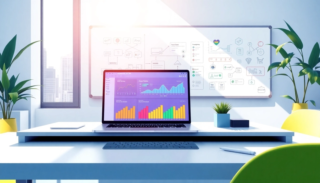 Explore Done-for-you funnels with a vibrant digital marketing workspace showcasing sales strategies.