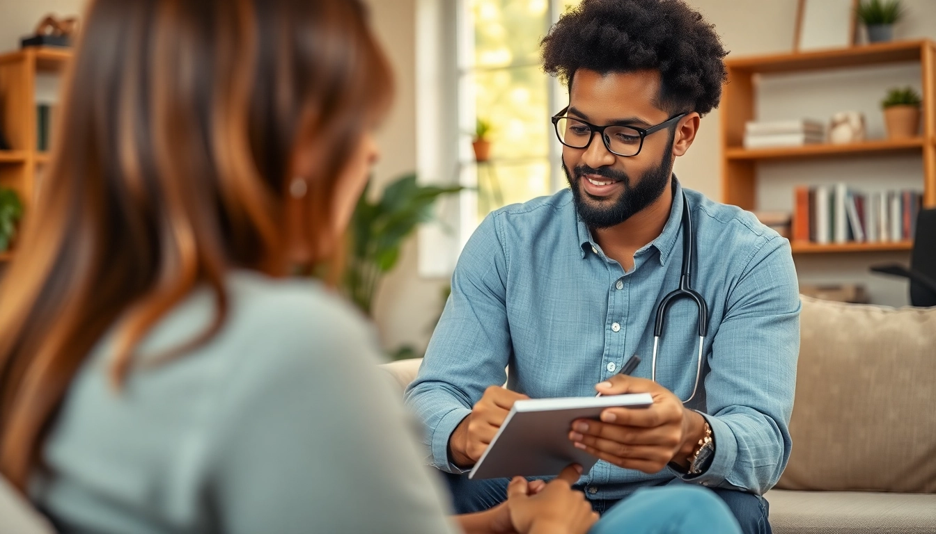 An attachment theory specialist engages with a client in a warm therapy setting.