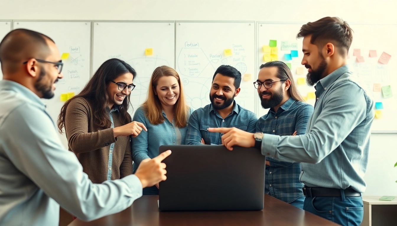 Developers collaborating on web development projects in a modern office environment.
