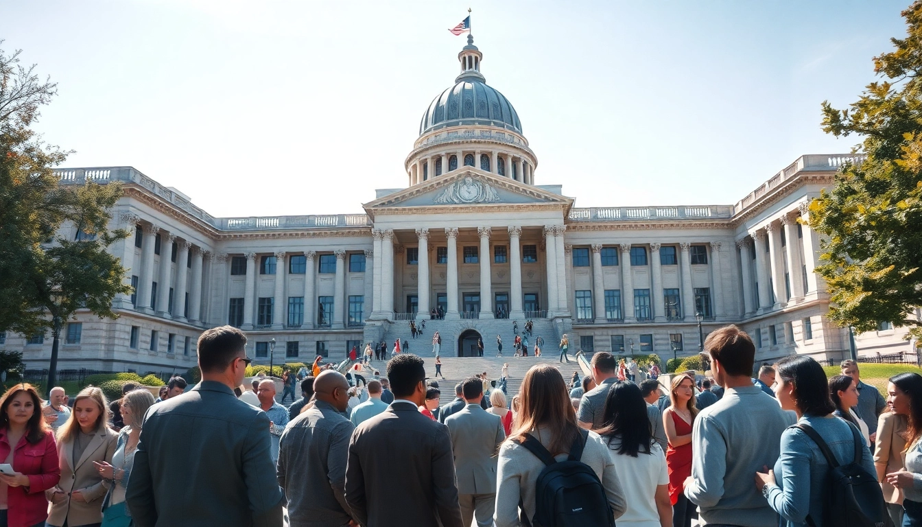 Government building bustling with diverse citizens engaging in civic activities.