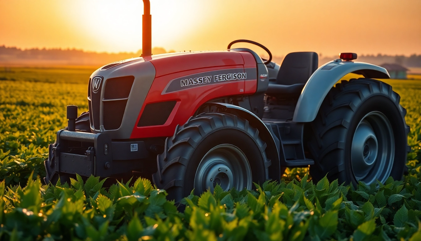 Massey Ferguson Traktor auf einem weitläufigen Feld bei Sonnenaufgang, der Stärke repräsentiert.
