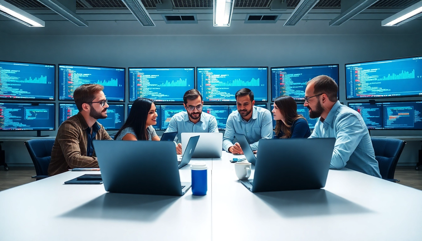Site reliability engineering experts collaborating in a high-tech workspace.