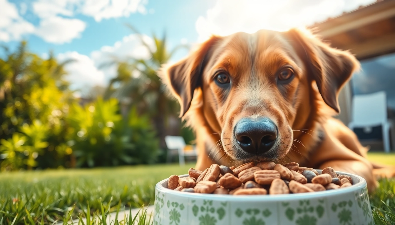 Dog happily eating nature's blend dog food canada in a vibrant backyard setting.