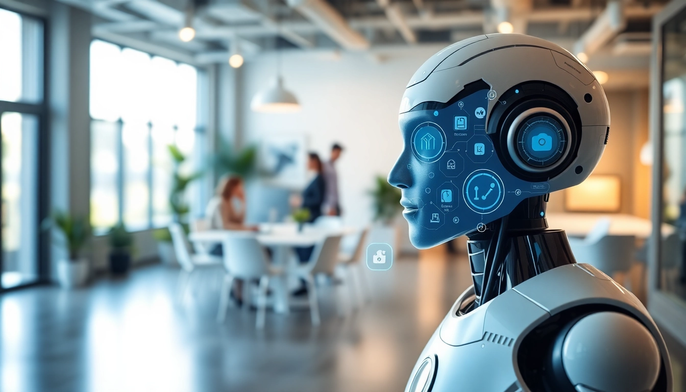 AI chat bot assisting users in a modern office environment with dynamic interactive features.