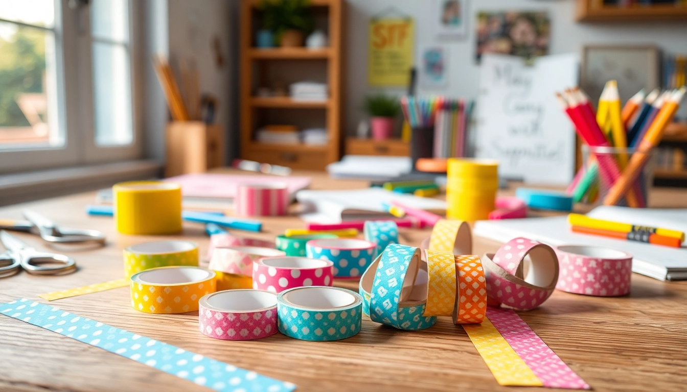 Artfully arranged washi tape rolls on a craft table, inspiring creativity and joy.