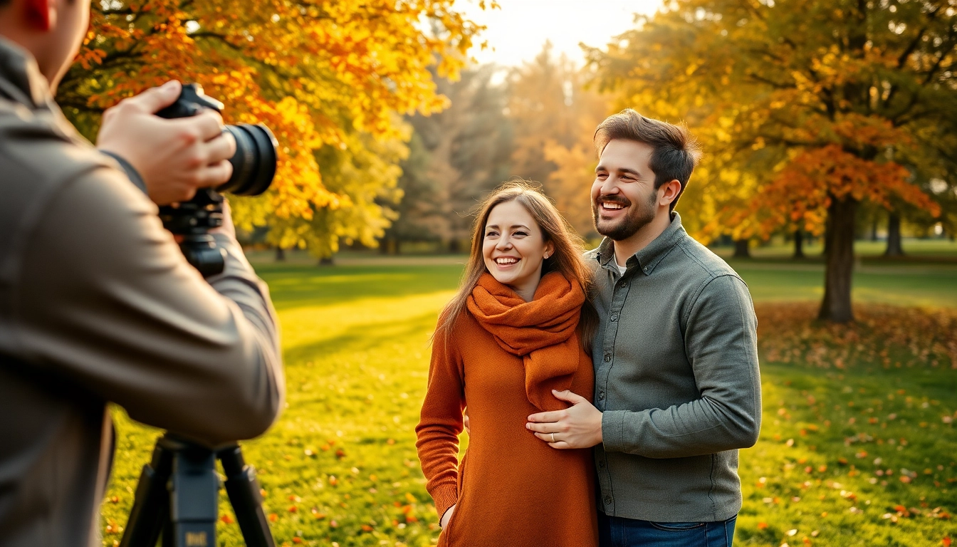 Engaged couple being photographed by a professional photography company in Edmonton amidst autumn scenery.