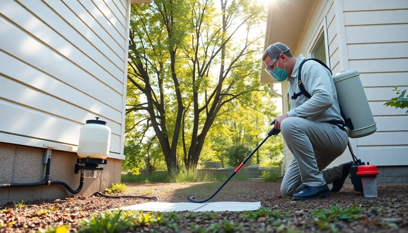 Termite treatments being applied by a technician around a home foundation.