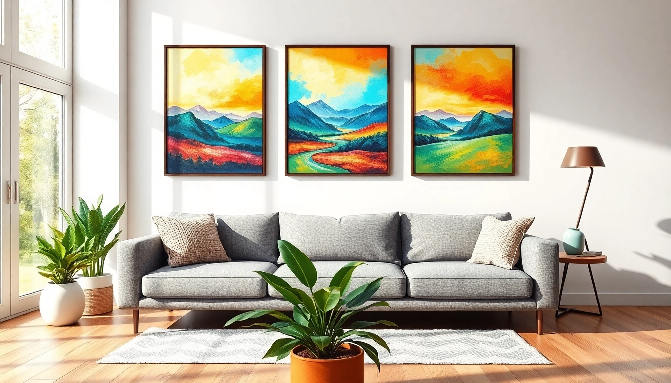 Showcase of framed canvas prints enhancing a stylish living room ambiance.