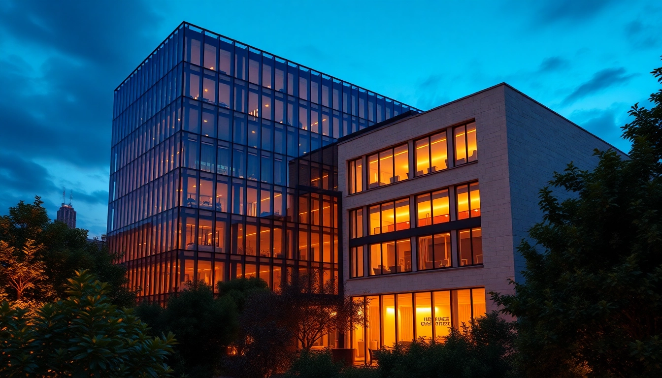 Architektur visualisierung eines modernen Bürogebäudes, das von üppigem Grün umgeben ist.