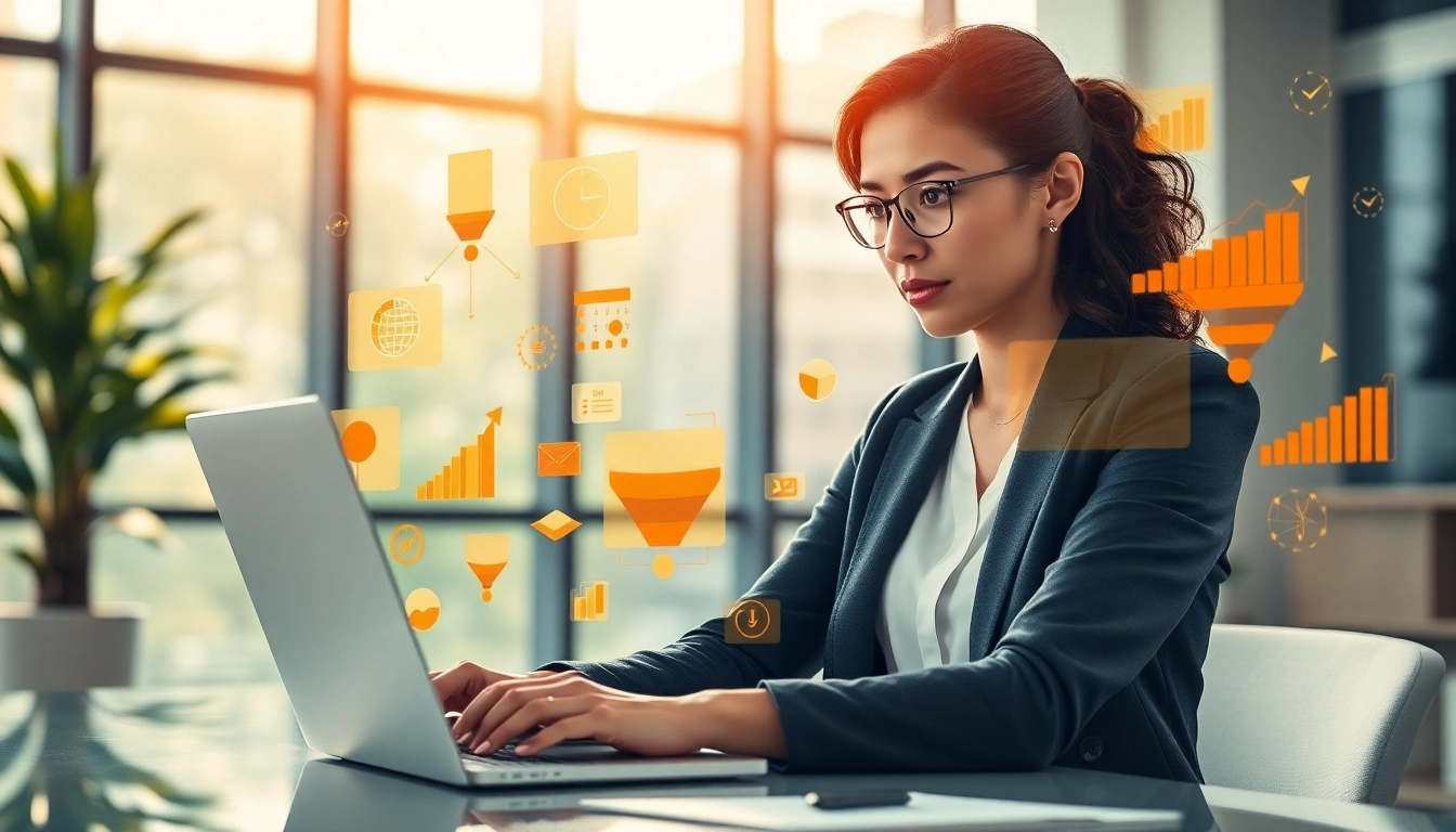 Engaging marketing consultant optimizing done-for-you funnels in a bright office.