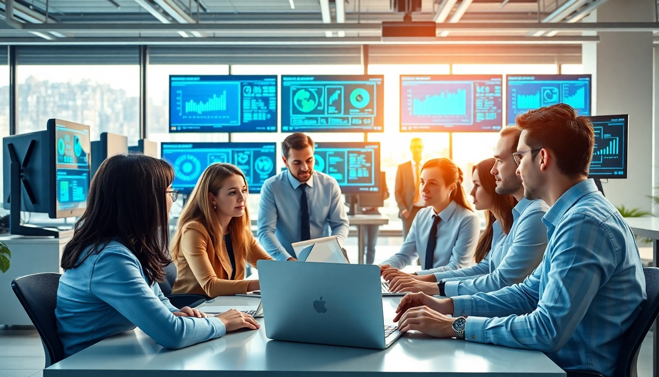 Collaborating professionals in a modern office, highlighting managed IT provider solutions and teamwork.