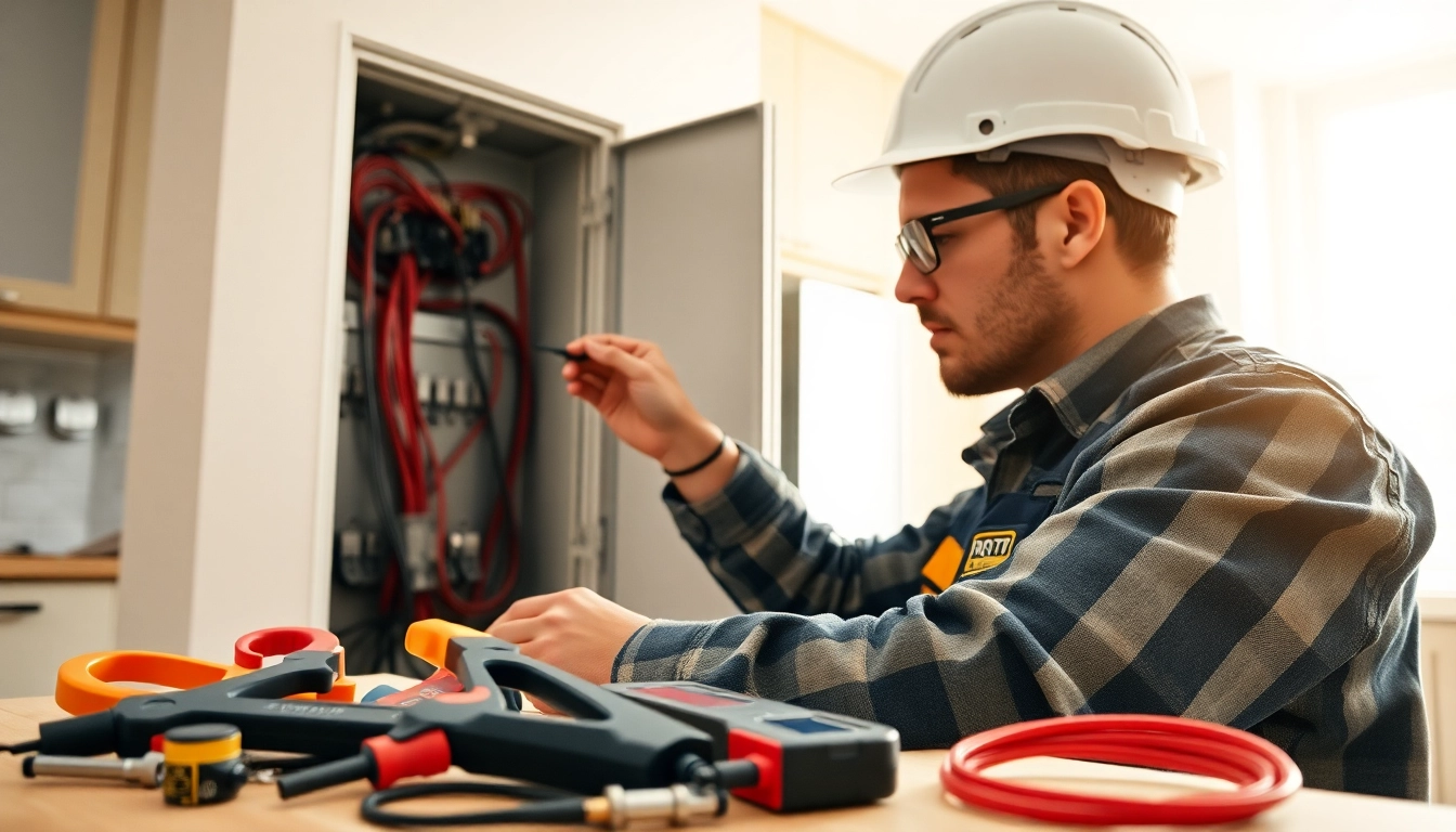 Showcasing an electrician engaged in Electrical Service installation with essential tools and a modern kitchen backdrop.