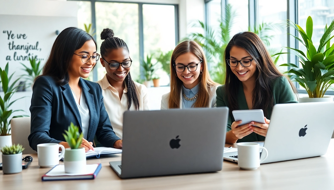 Virtual Assistants collaborating in a modern office environment, showcasing efficiency and teamwork.