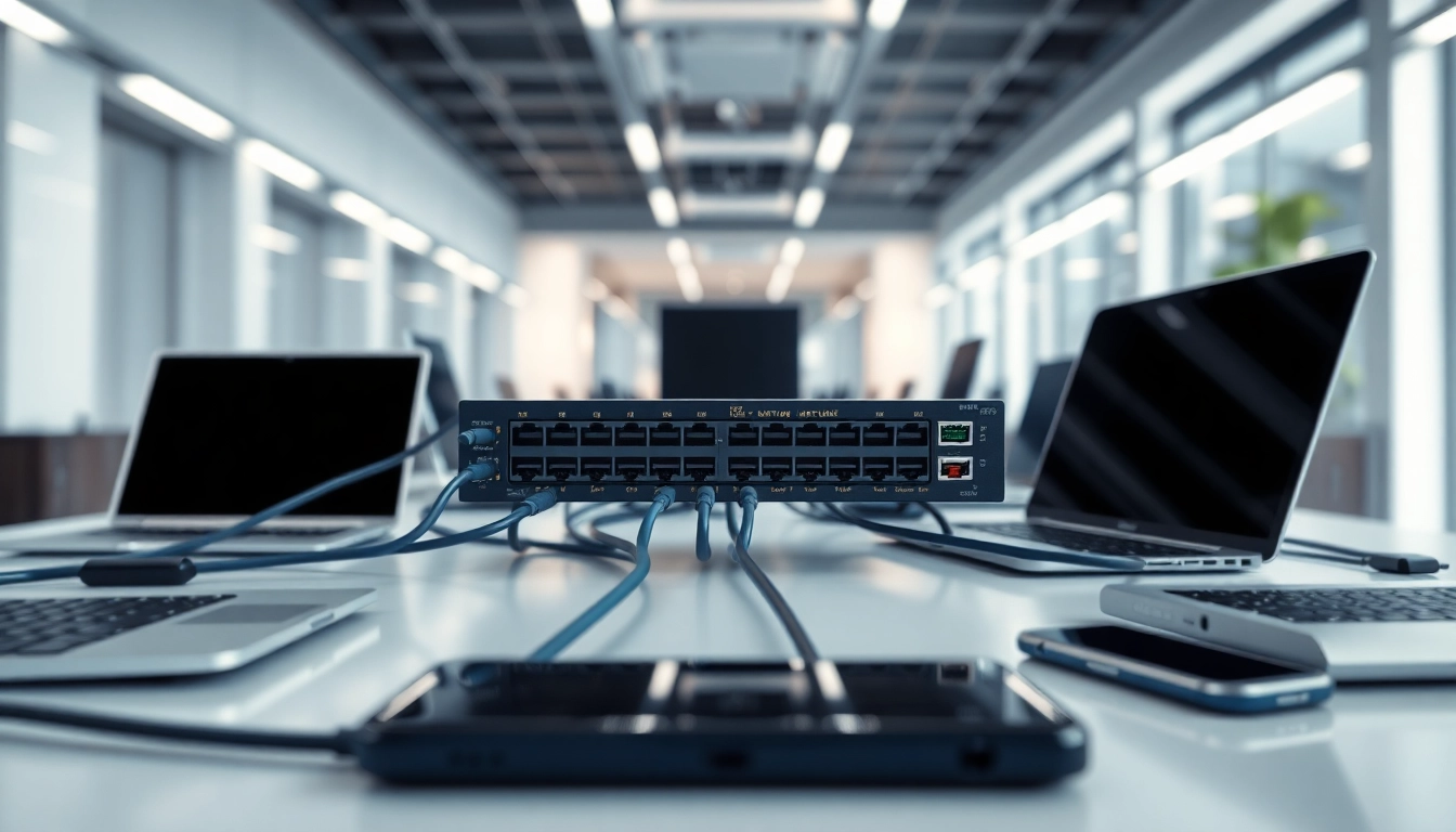 Showcasing a network switch connecting devices in a modern office to illustrate its efficiency.