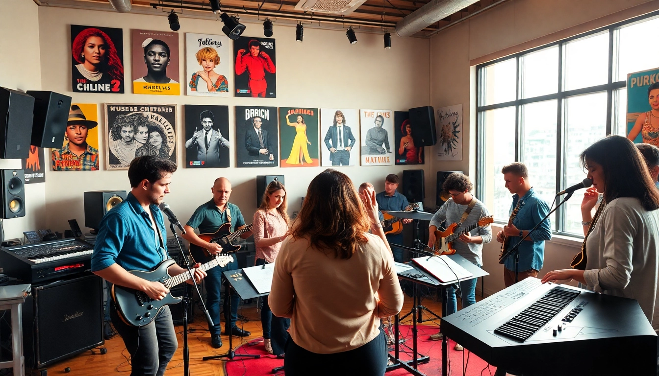 Engaging musicians using music promotion services in a vibrant studio setting.