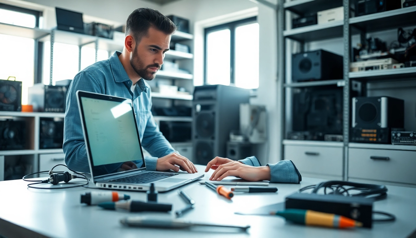 Technician engaged in a computer service repair at a clean workstation.