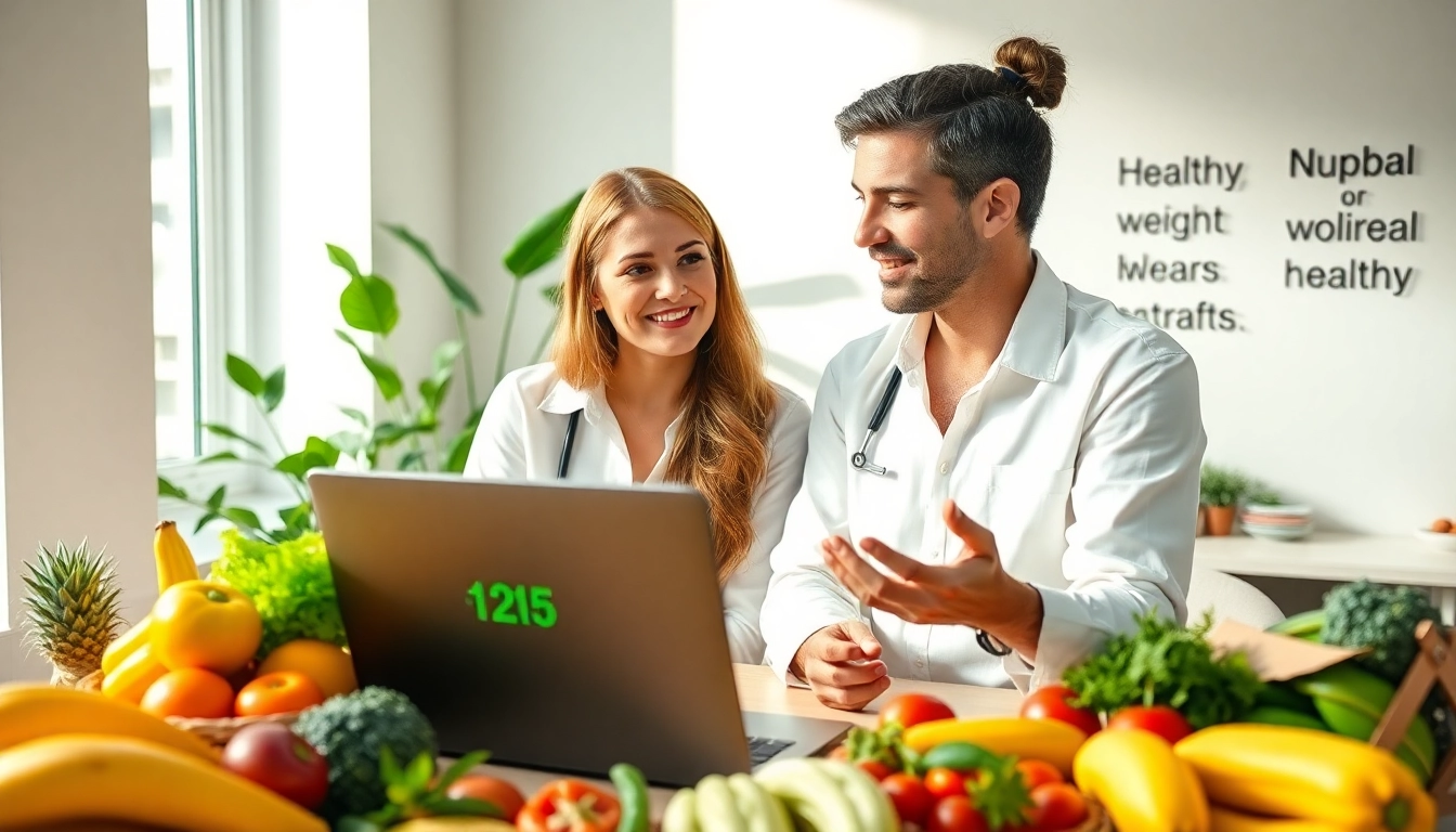 Nutritionist advising on healthy weight loss strategies in a bright office.