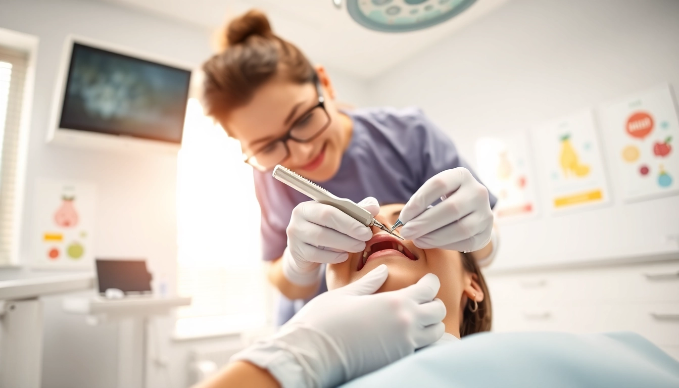 Hygiene practices shown by a dental hygienist cleaning a patient's teeth in a bright setting.