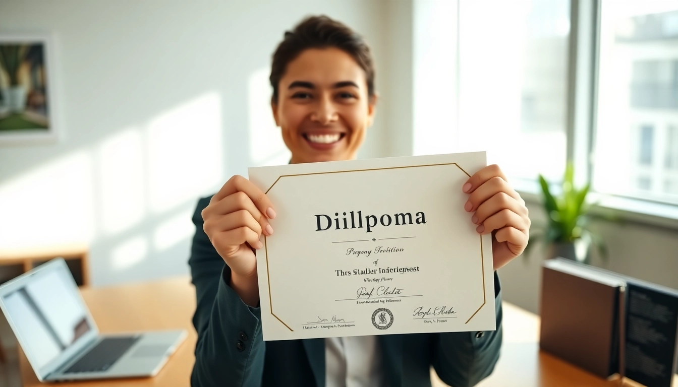 Buy diploma from a reputable provider, showcasing a proud customer holding their new diploma.