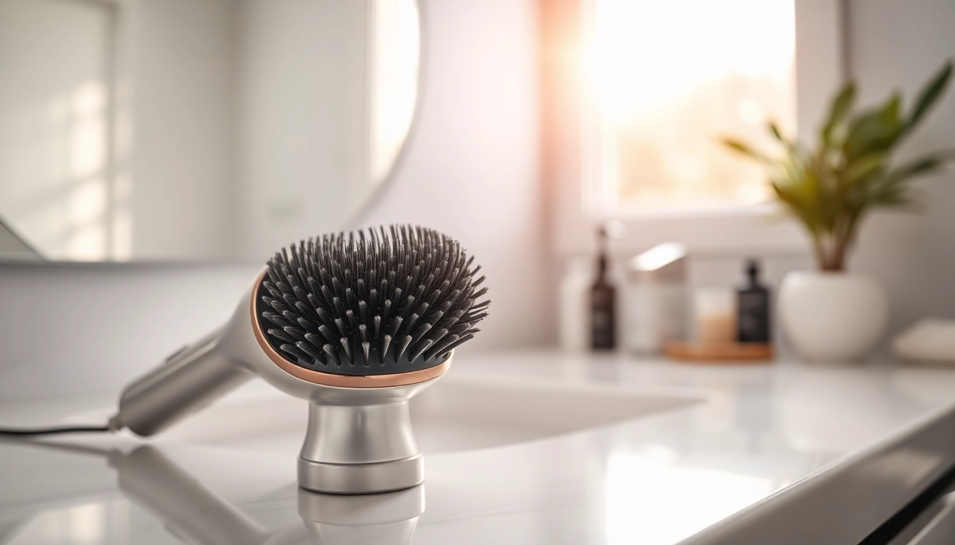 Using a Blow Dryer Brush for a sleek hairstyle on a beautiful bathroom vanity.