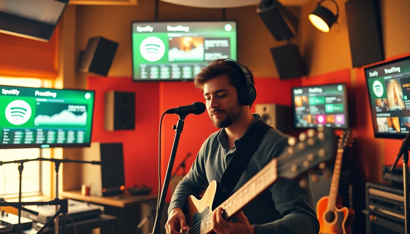 Engaging artist using Spotify promotion tools in a professional studio environment.