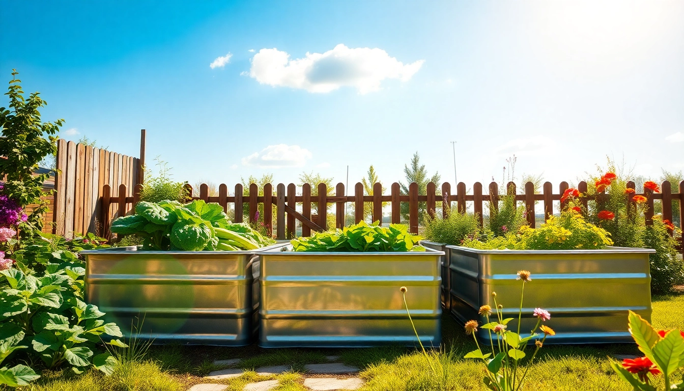 Gardening in galvanized raised beds filled with vibrant vegetables and flowers, beautifully arranged in a sunny garden.
