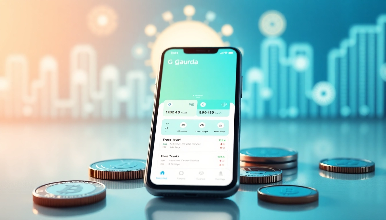 Showcase the gaurda wallet on a sleek phone with vibrant cryptocurrency visuals.