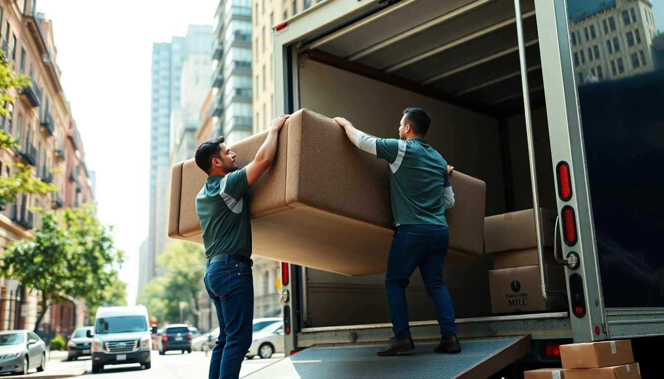 Bronx movers efficiently loading furniture into a truck on a busy city street.