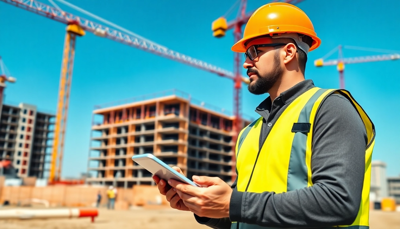 New Jersey Construction Manager guiding a construction site with vibrant activity and modern equipment.