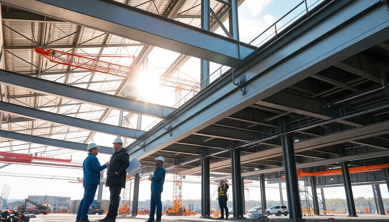 Steel structure design showcased in a modern construction site with beams and workers