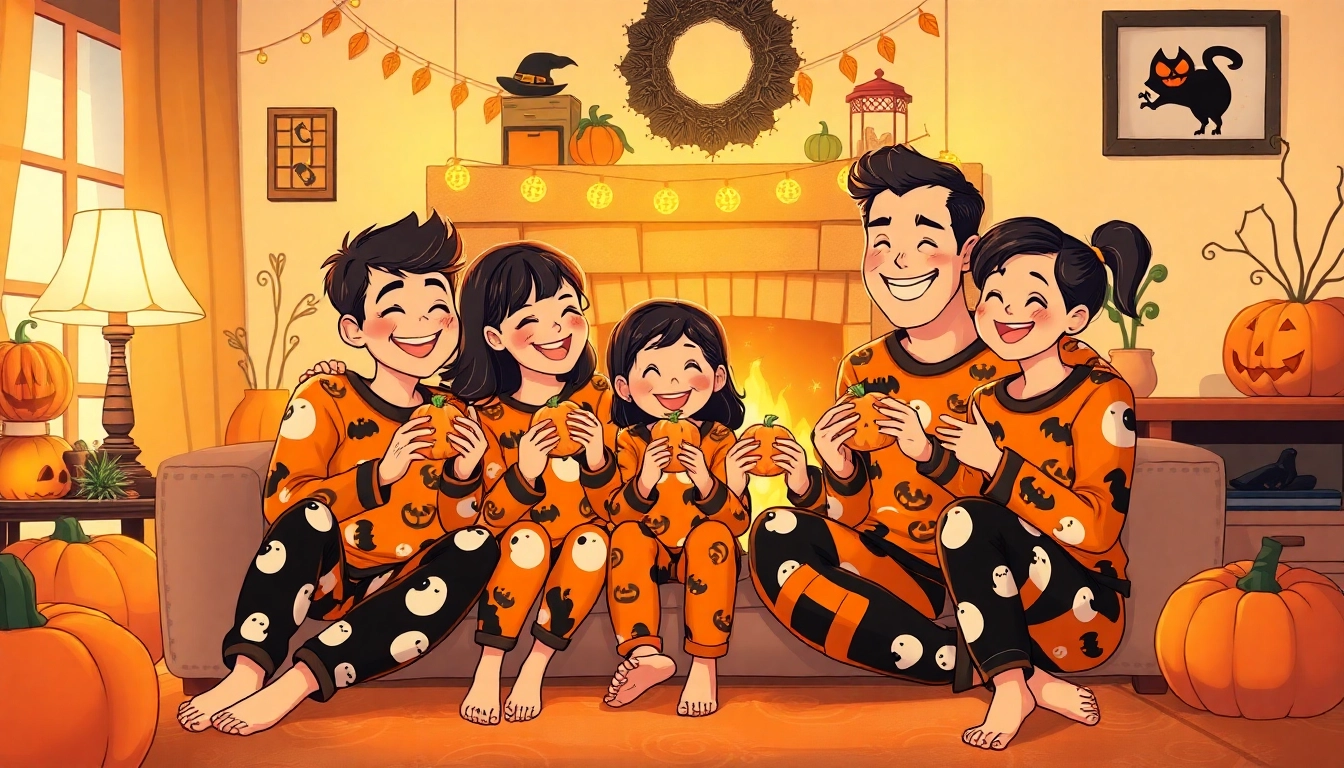 Family enjoying Halloween pajamas while sharing pumpkin cookies in a festive living room.