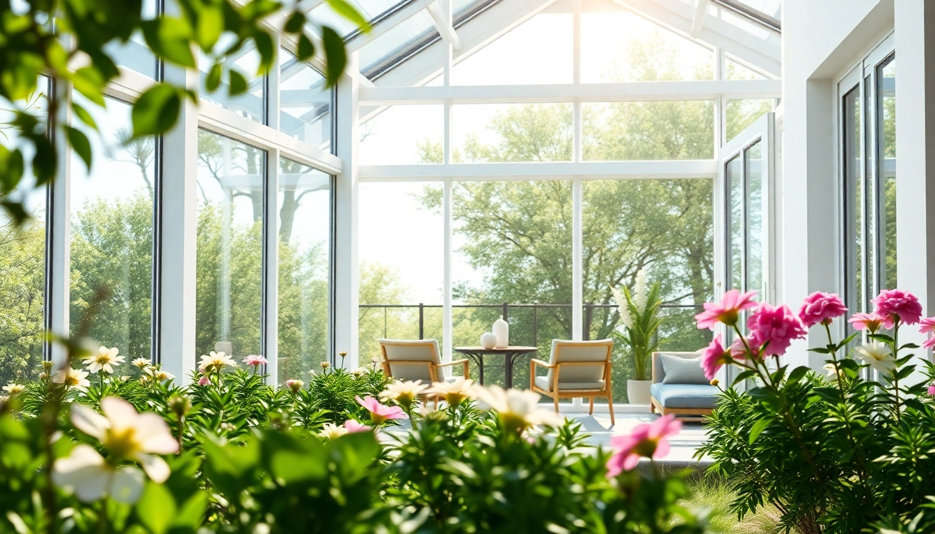 Showcase of a beautifully designed tempered glass sunroom surrounded by vibrant garden elements.