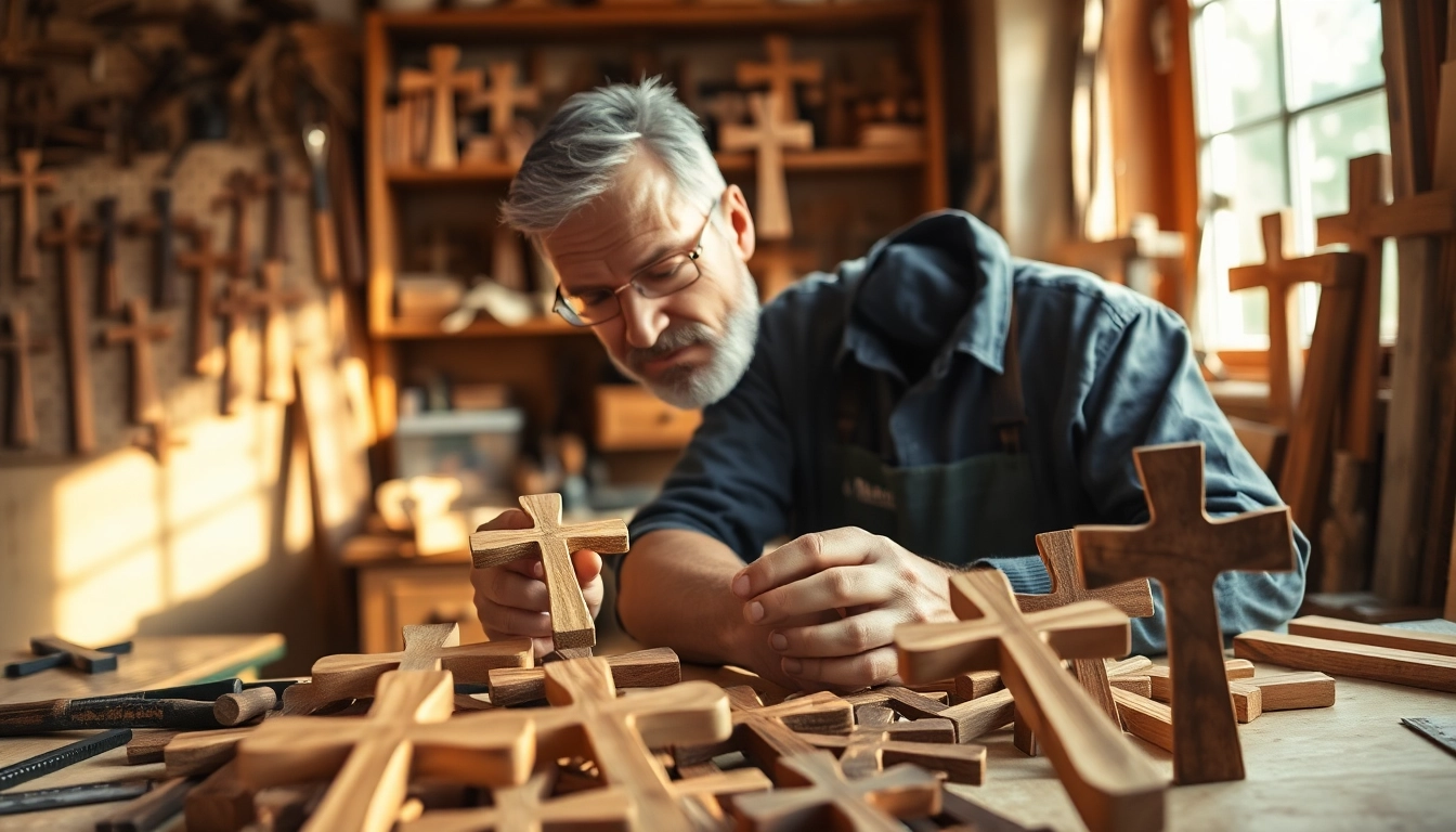 Craft artisan creating unique handmade crosses from natural wood materials.