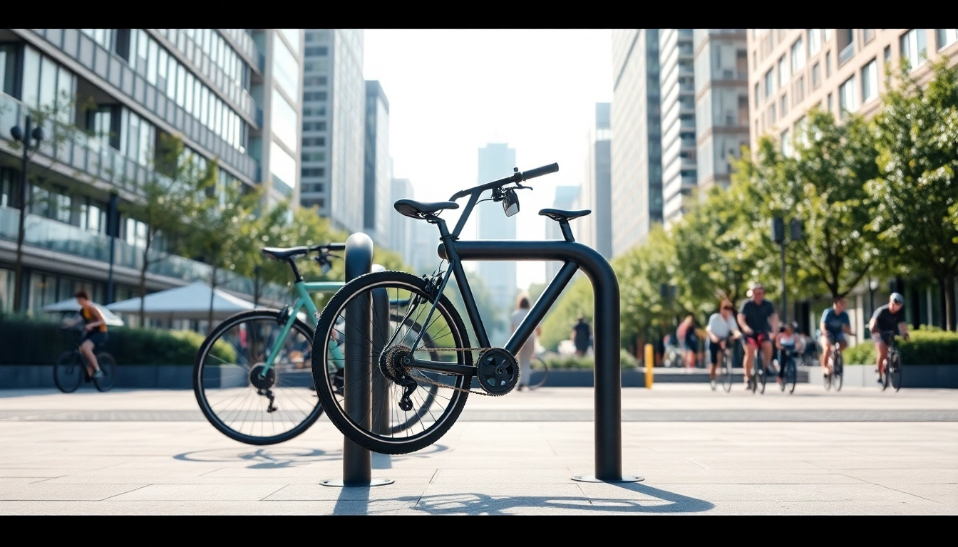 Showcase a stylish Minimalist bike rack in an urban environment, reflecting modern aesthetics.
