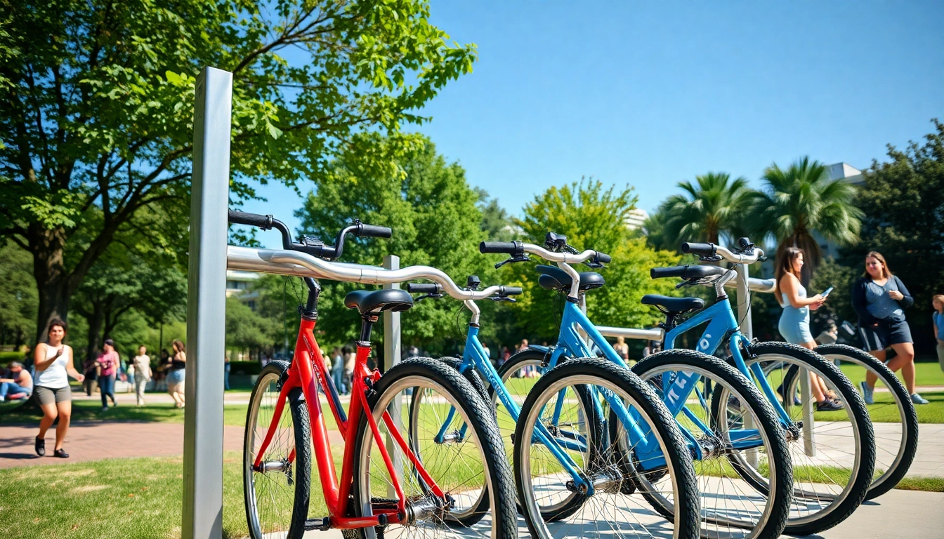 Securely parked bicycles on a modern bike rack set in an urban park, highlighting its stylish design and community use.