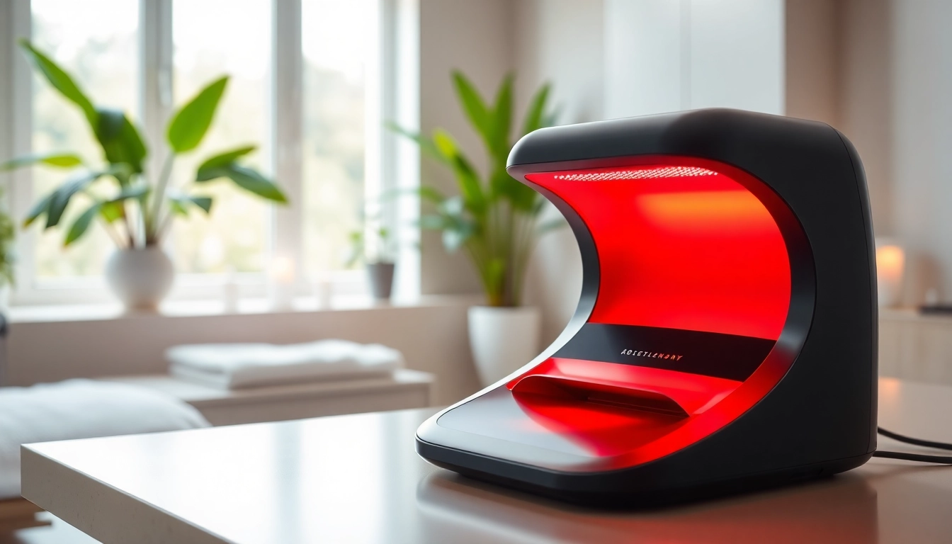 Engage with red light body therapy through a glowing device in a serene spa-like environment.