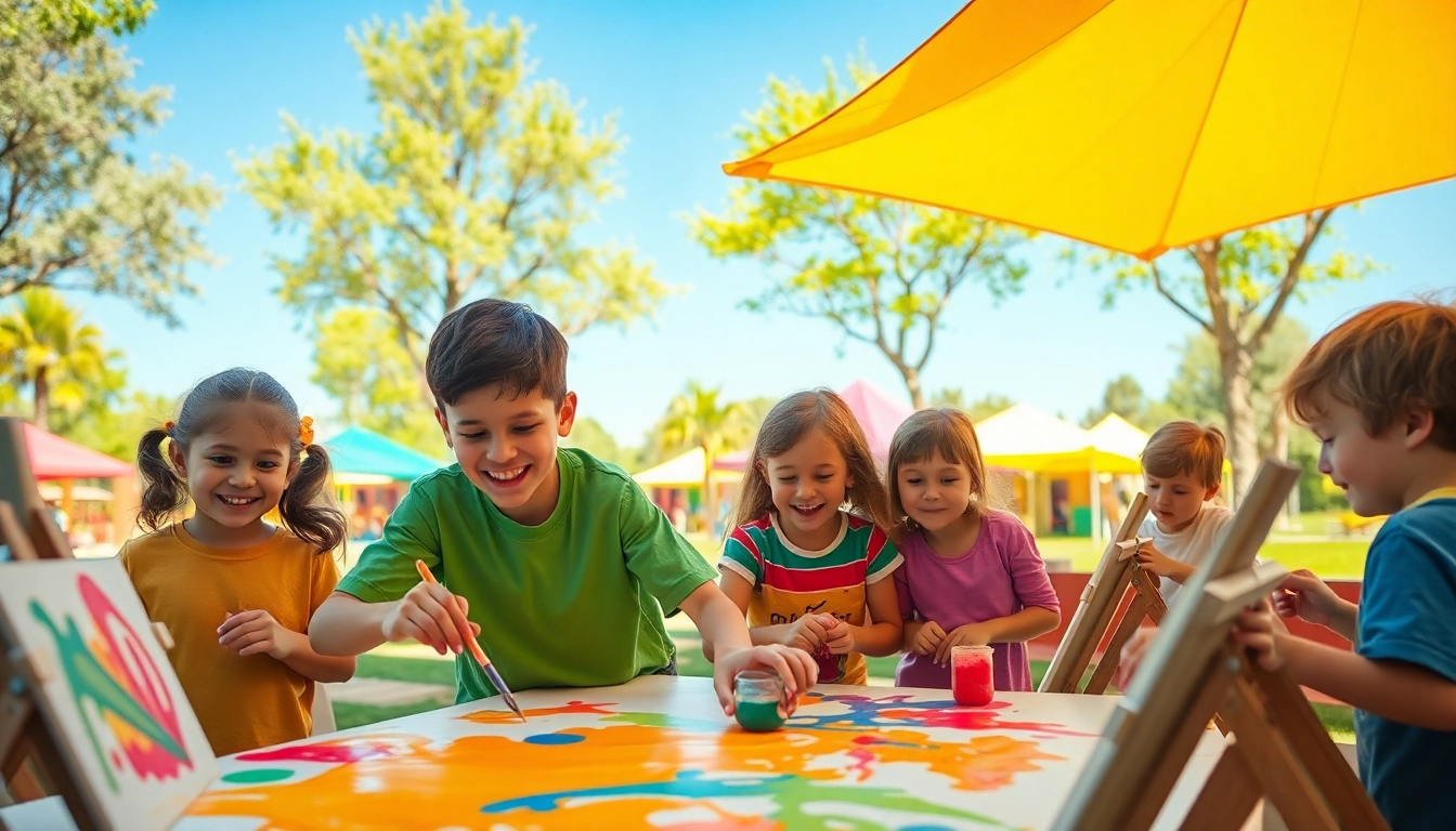 Children enjoying holiday camps with arts and crafts, laughter, and outdoor games in a sunny park.