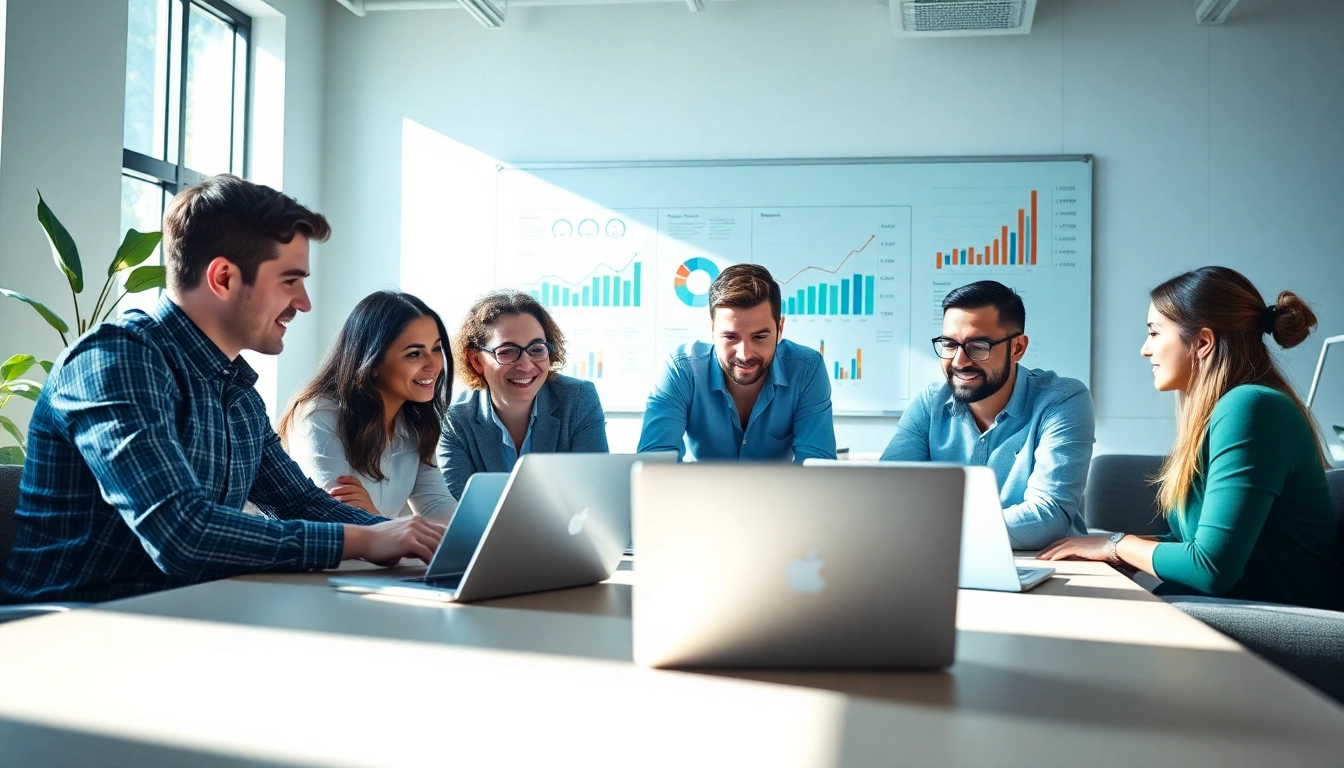 Link Building Agency team brainstorming in a modern office space for effective strategies.