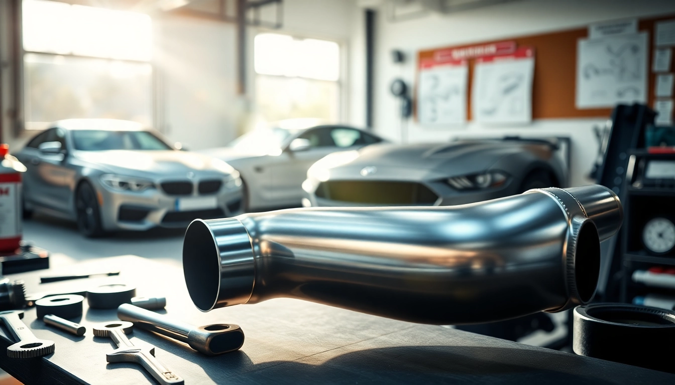Showcasing a polished b46 downpipe with tools in an automotive workshop, highlighting precision engineering.