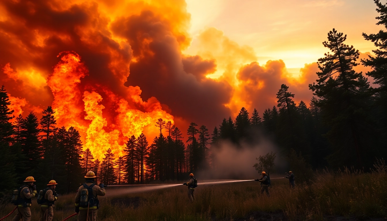 Firefighters actively combat wildfire events among towering flames and dense smoke.