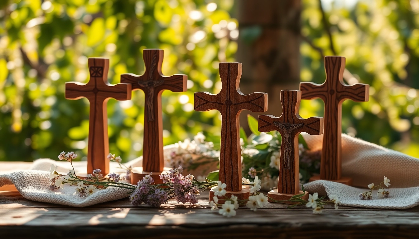 Showcasing beautifully crafted handmade crosses made of olive wood, highlighting their intricate details.