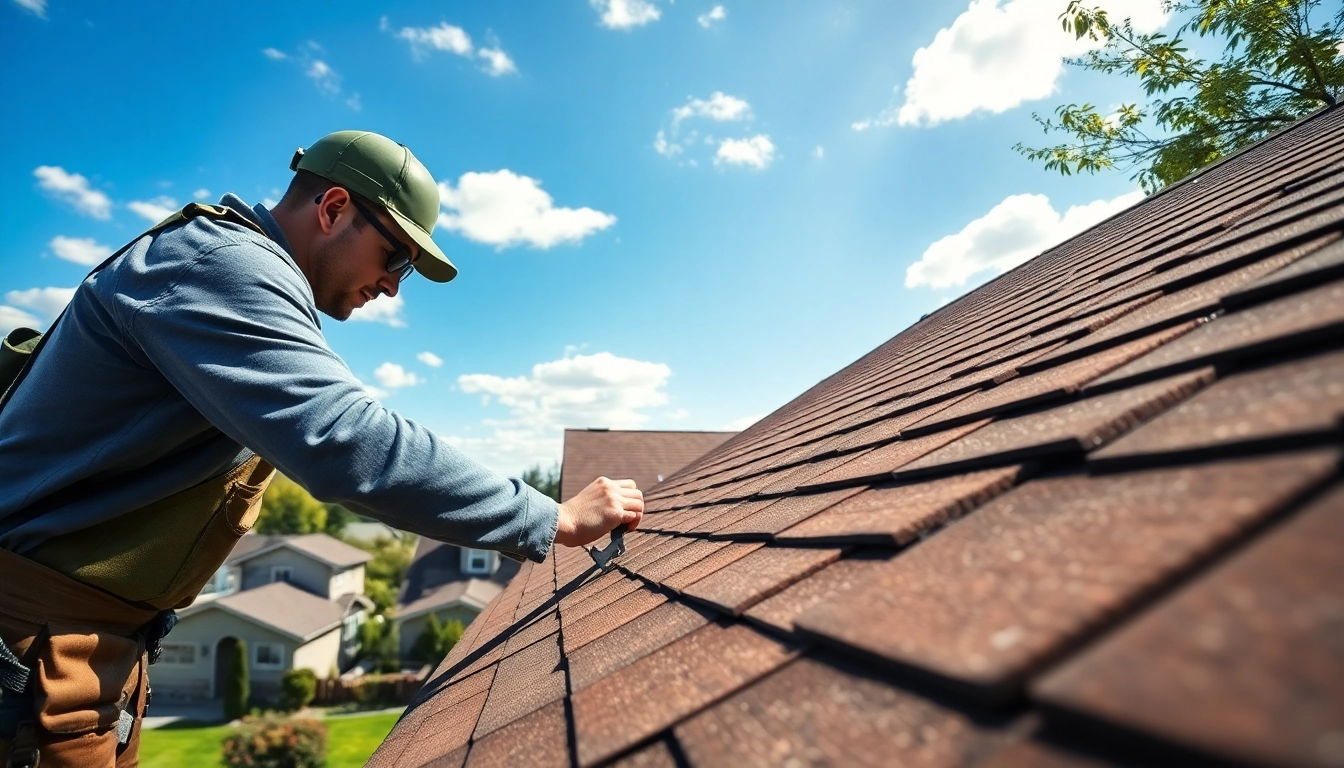 Roof repair Vancouver Wa service with a technician diligently fixing shingles on a residential home.