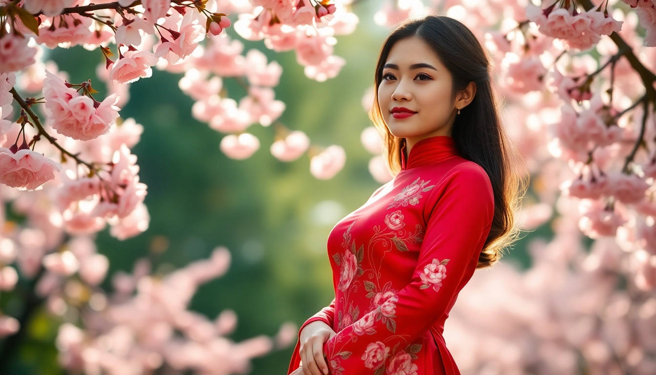 Capture the elegance of a Vietnamese Áo Dài model amidst cherry blossoms, showcasing cultural beauty.