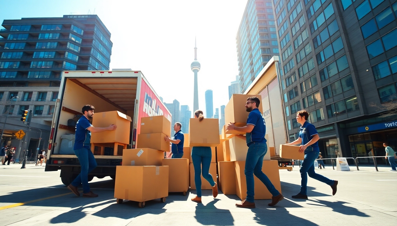 Best moving company Toronto professionals efficiently loading a moving truck in a vibrant urban scene.