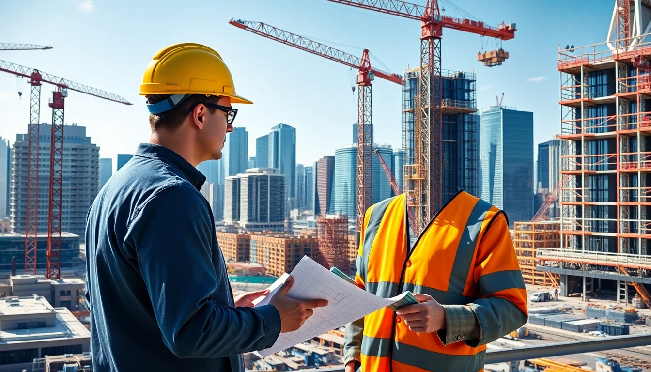 Manhattan Construction Manager supervising a busy construction site with skyscrapers.