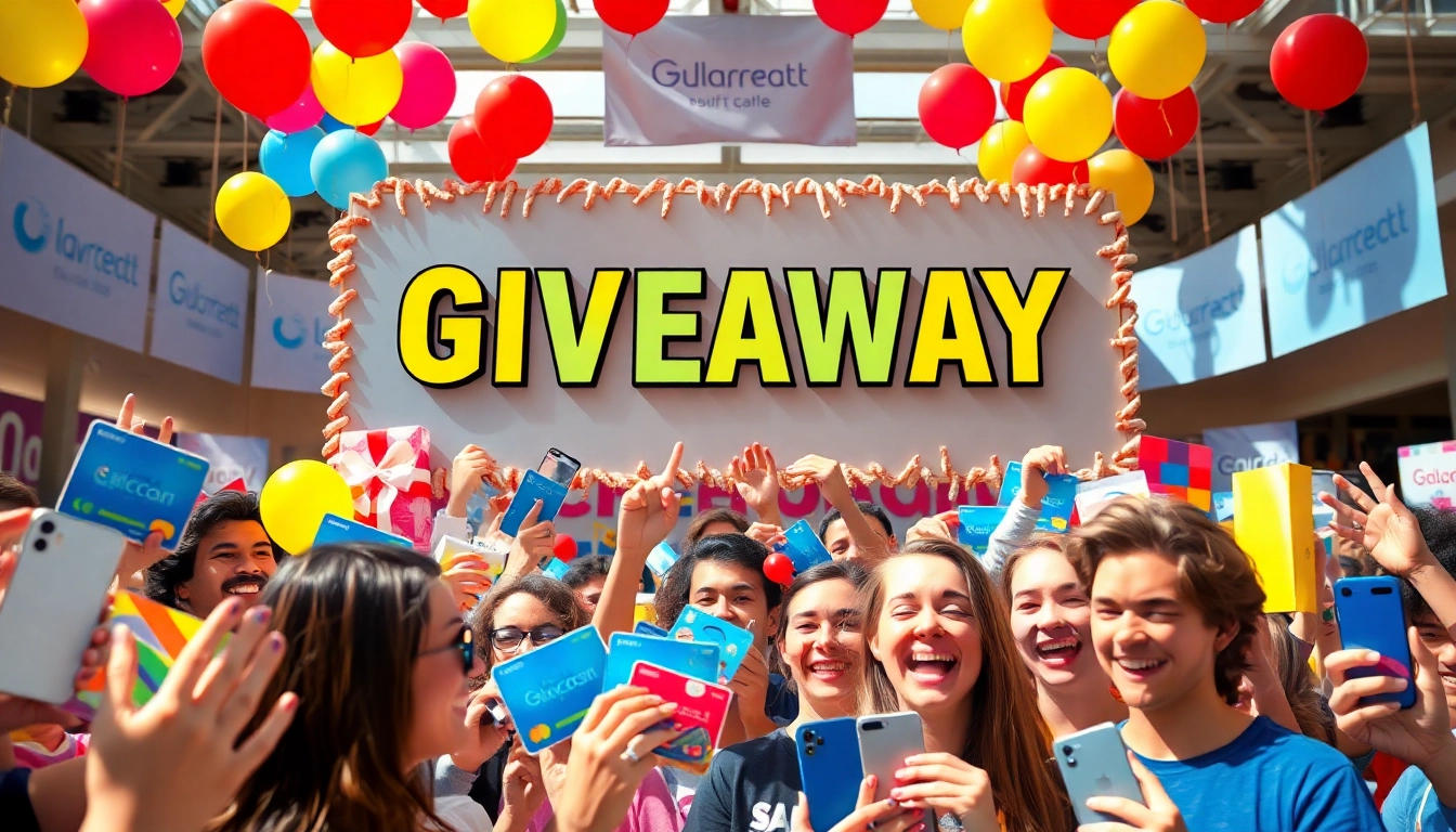 Excited participants engaging in a Giveaway event surrounded by vibrant prizes and promotional signage.