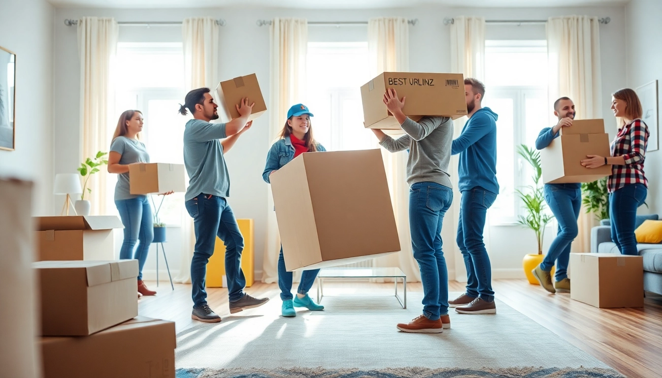 Efficient Toronto moving companies crew organizing boxes in a bright apartment.