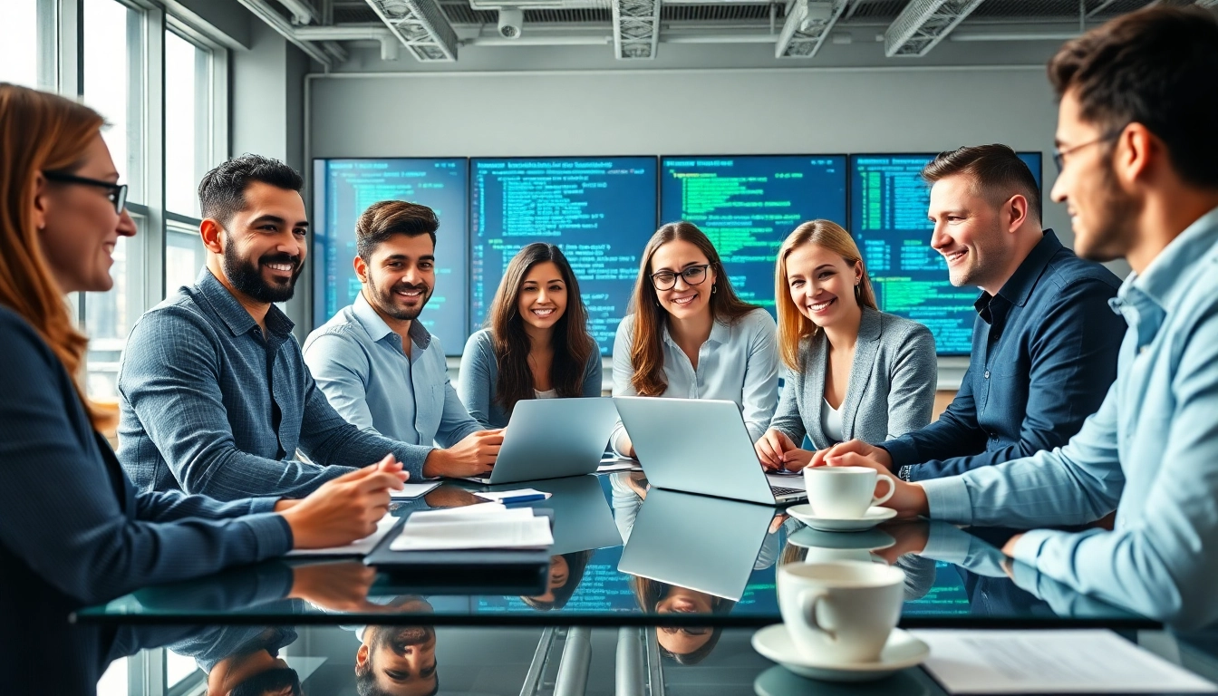 IT Companies showcasing teamwork in a vibrant office setting with technology and innovation.