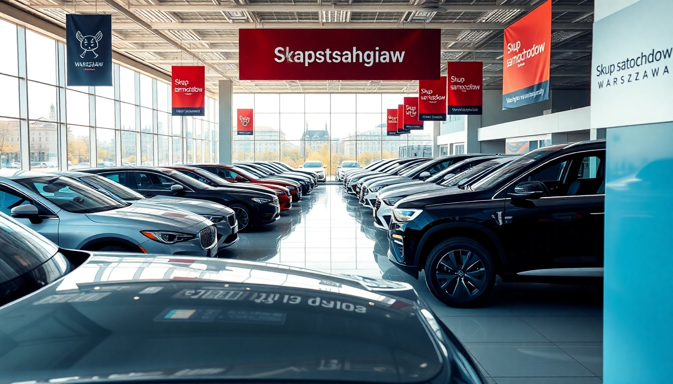 Skup samochodów Warszawa w profesjonalnym salonie samochodowym z różnymi pojazdami na wystawie.