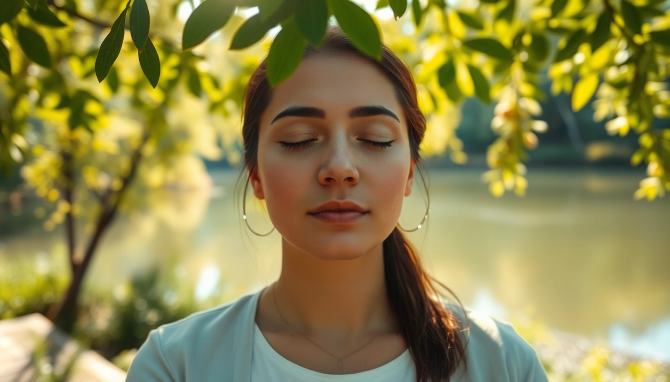 Practicing mindfulness techniques dealing with anxiety in a serene outdoor environment.